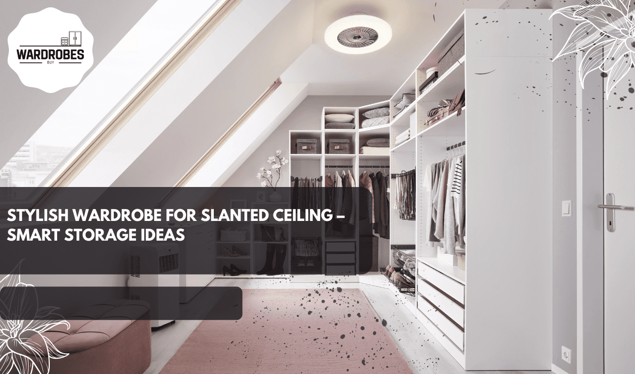 Stylish wardrobe for slanted ceiling in attic bedroom with built-in storage, sliding doors, and open shelving