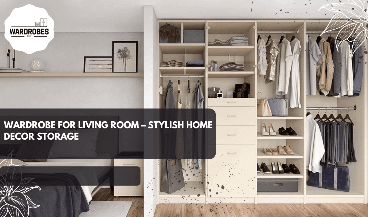 "Stylish wardrobe for living room with sliding doors, mirrored panels, and built-in drawers, offering organized and elegant storage solution.