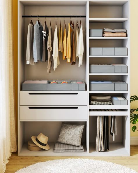 Living room wardrobe with built-in drawers, neatly organized with clothes and accessories, providing functional and stylish storage.