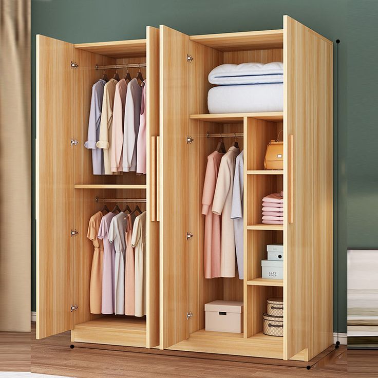 Hinged door wardrobe for 2 people with organized shelves and hanging space in a modern bedroom.