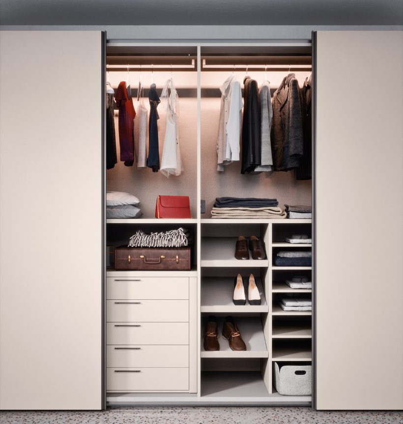 Wardrobe for Small Spaces with sliding doors, organized shelves, hanging clothes, and smart storage for compact homes.