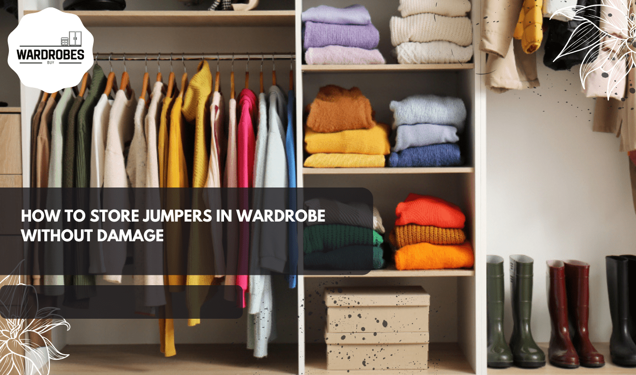 Neatly folded and hanging jumpers stored on wardrobe shelves with breathable boxes and cedar blocks show how to store jumpers in wardrobes.