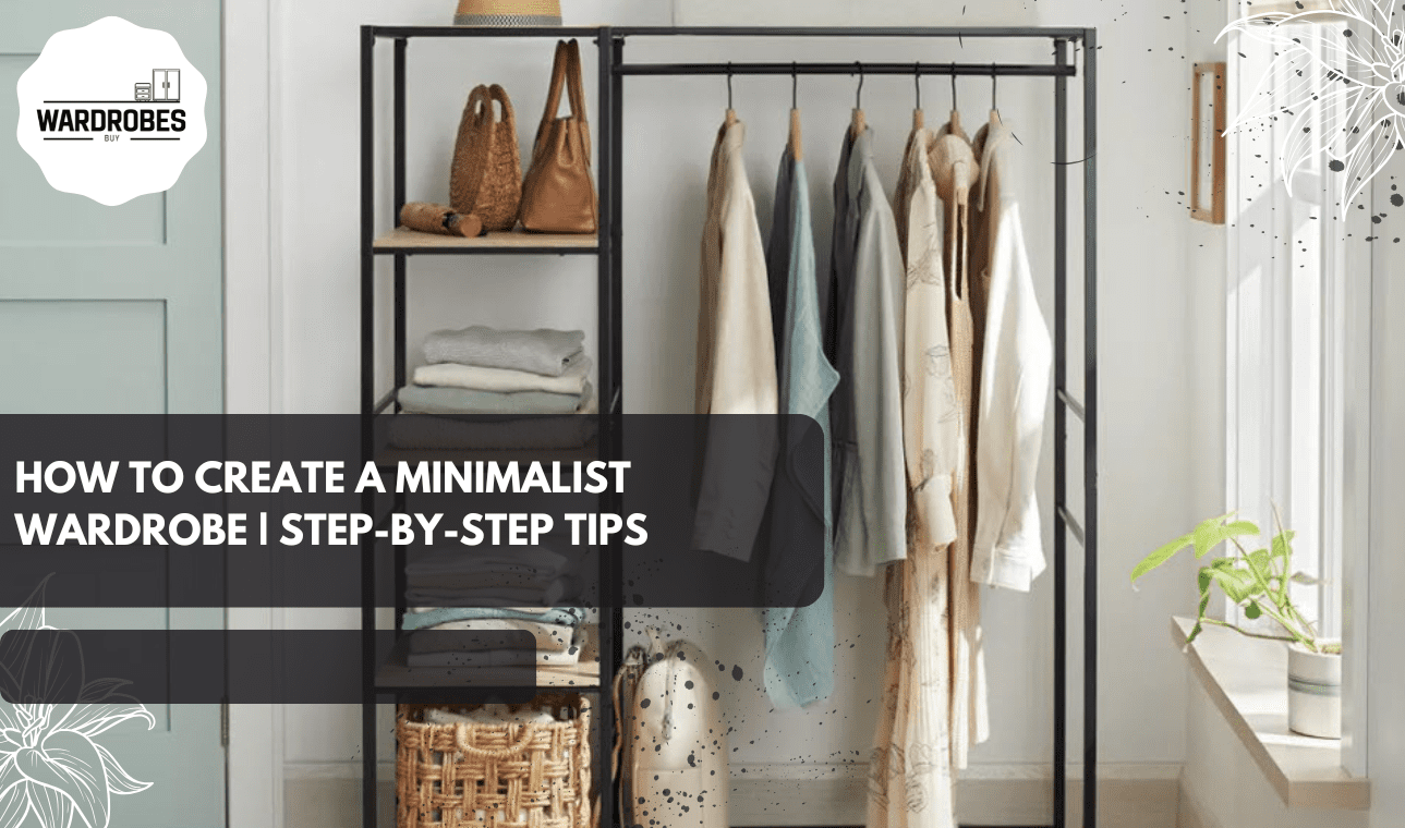 Minimalist wardrobe setup with neutral clothing neatly organised on an open rack near a window.