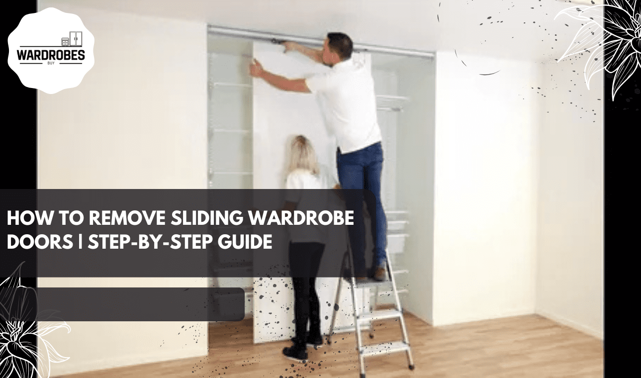 How to Remove Sliding Wardrobe Doors step by step, showing two people carefully lifting and removing a sliding wardrobe door from the top track.