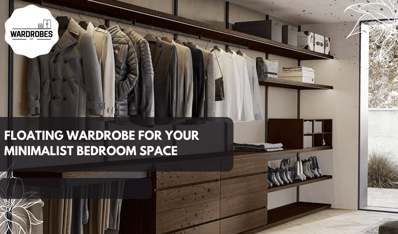 Floating wardrobe design with wall-mounted shelves for a minimalist bedroom space.