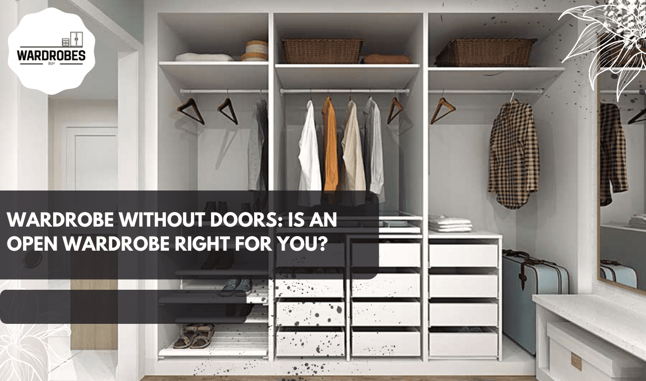 Modern wardrobe without doors with open shelves and drawers for bedroom storage.