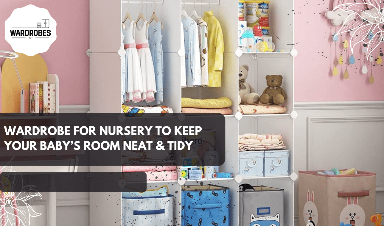 Wardrobe for nursery with modular shelves and hanging storage in a modern baby room