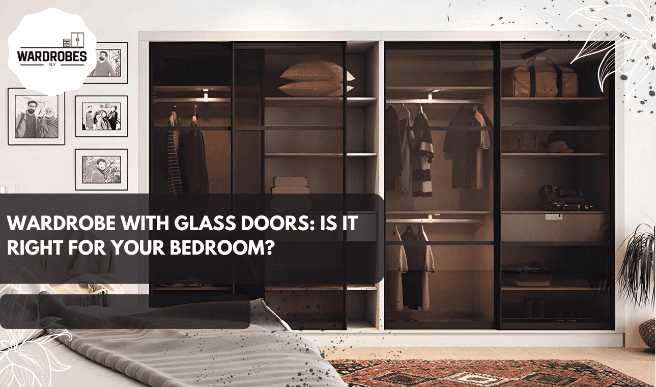 Modern wardrobe with glass doors in a stylish bedroom interior.