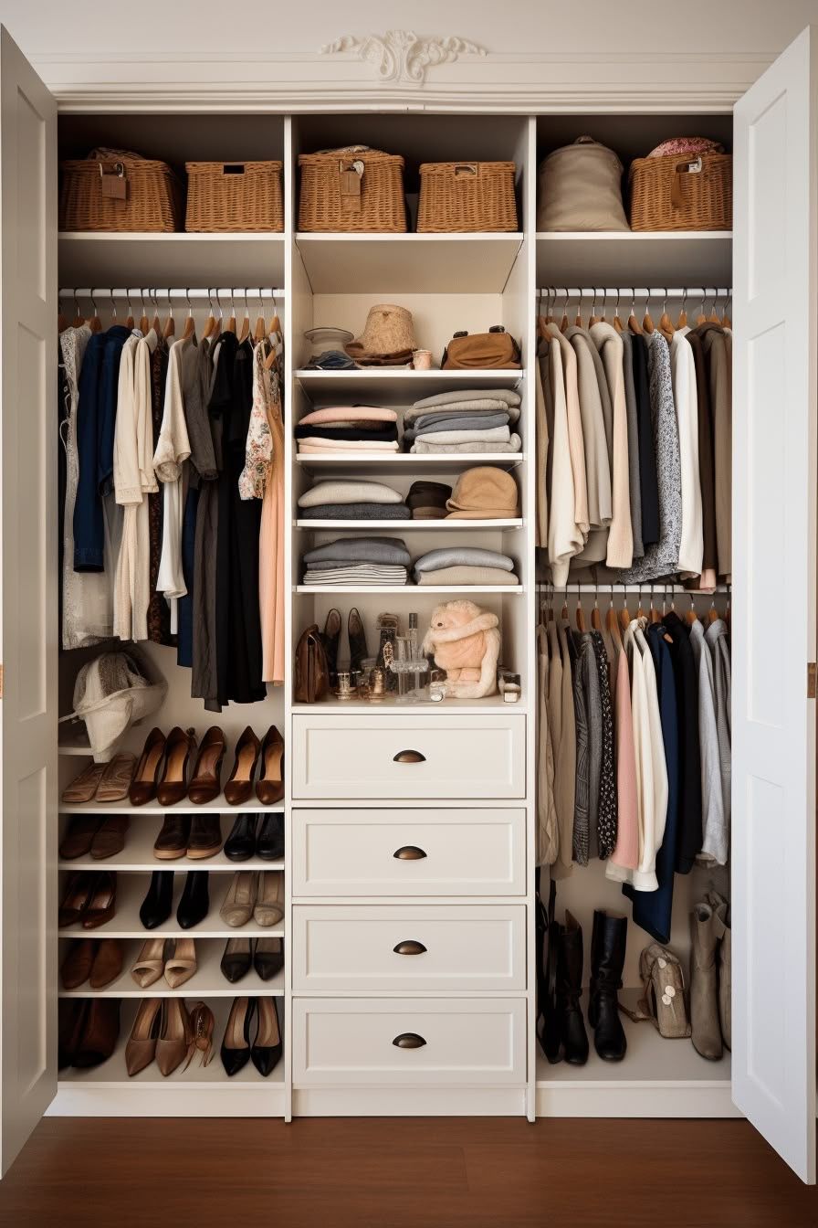 How to design a wardrobe with organized internal storage, shelves, drawers, and shoe racks.