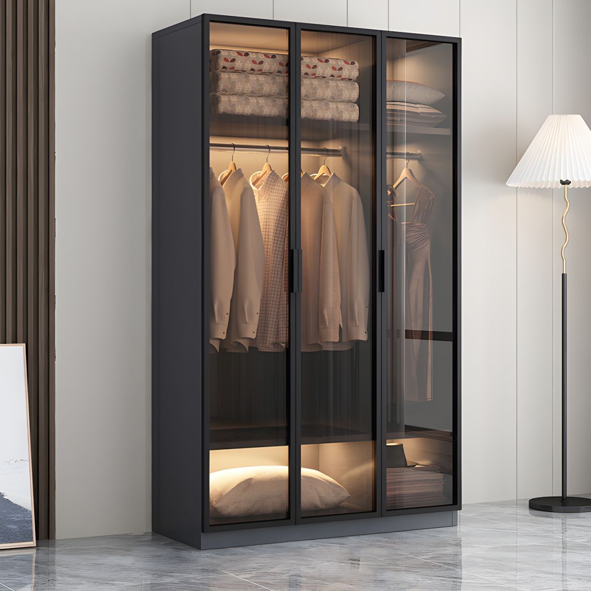 Luxury wardrobe with glass doors and interior lighting.