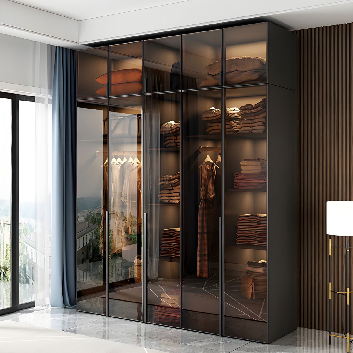 Customizable wardrobe with glass doors in tinted sliding design with modern black frame.