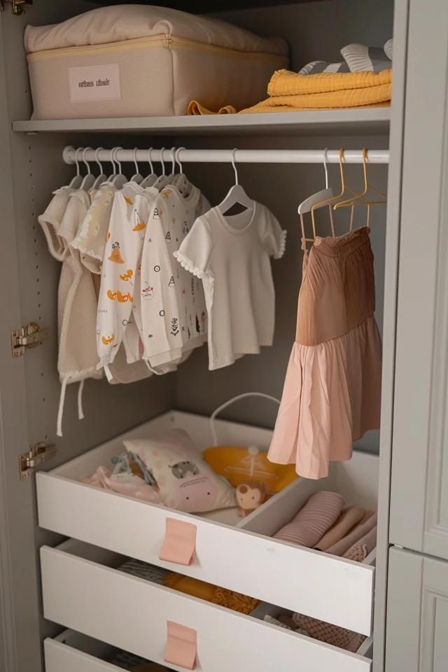 Wardrobe for nursery designed with hanging rail and drawers for baby clothes and essentials