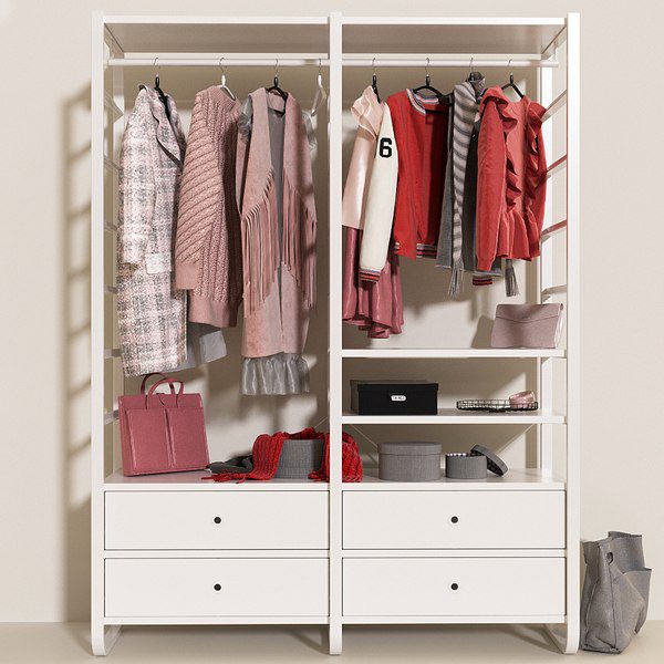 Freestanding wardrobe without doors ideal for small bedroom storage.